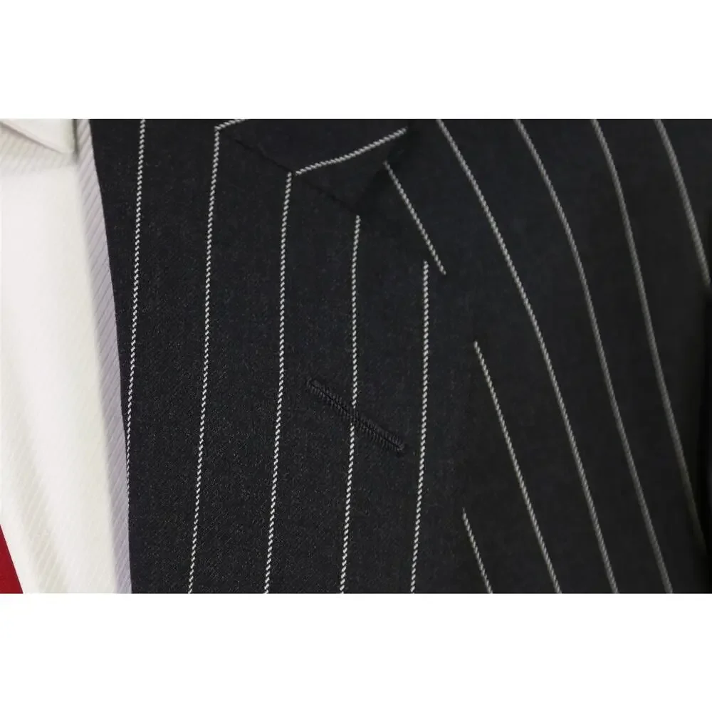 Edgar Pomeroy Custom Tailored Black Bold Pinstripe 2-Btn Wool Suit 46R